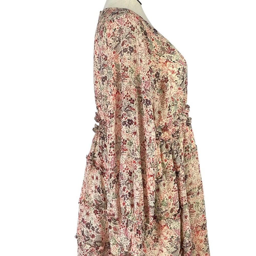 Torrid Mini Dress Women 2X Beige Floral Lurex Chiffon Tiered V Neck Puff Sleeve - Picture 6 of 11